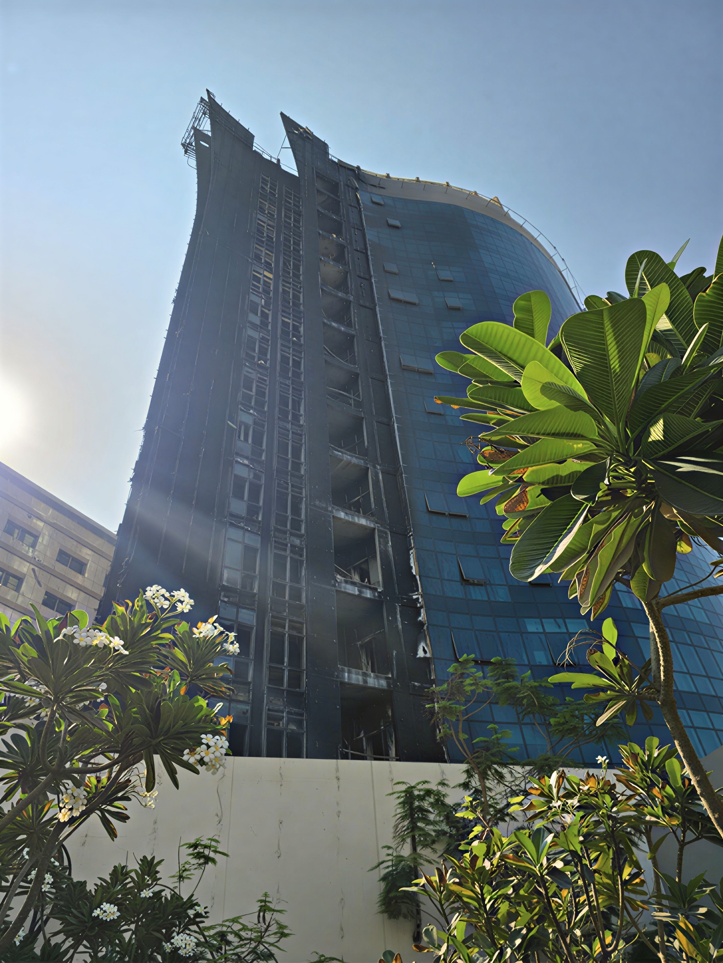 Fire damaged commercial building in Dubai
